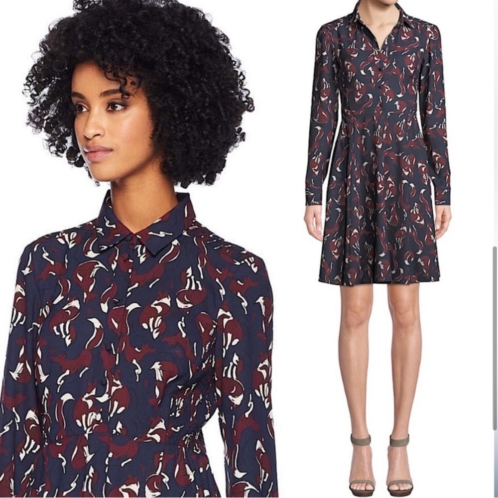 KATE SPADE Navy Smocked Fox Print Long Sleeve Pippa Middleton Shift Dress Sz 4 - Picture 14 of 16